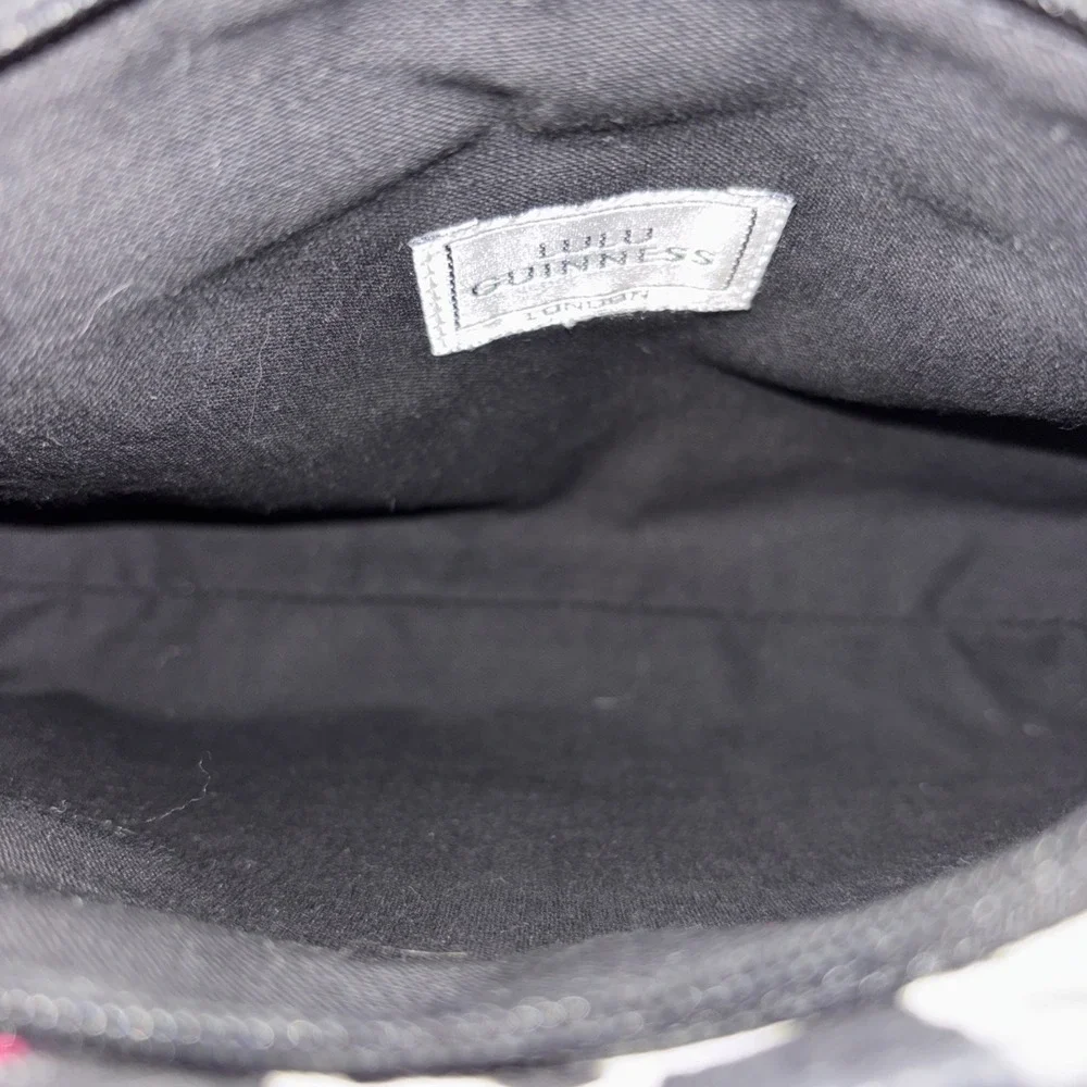 Vintage Lulu Guinness Black White Pink Rosebud Print Baguette Style Handbag  EUC